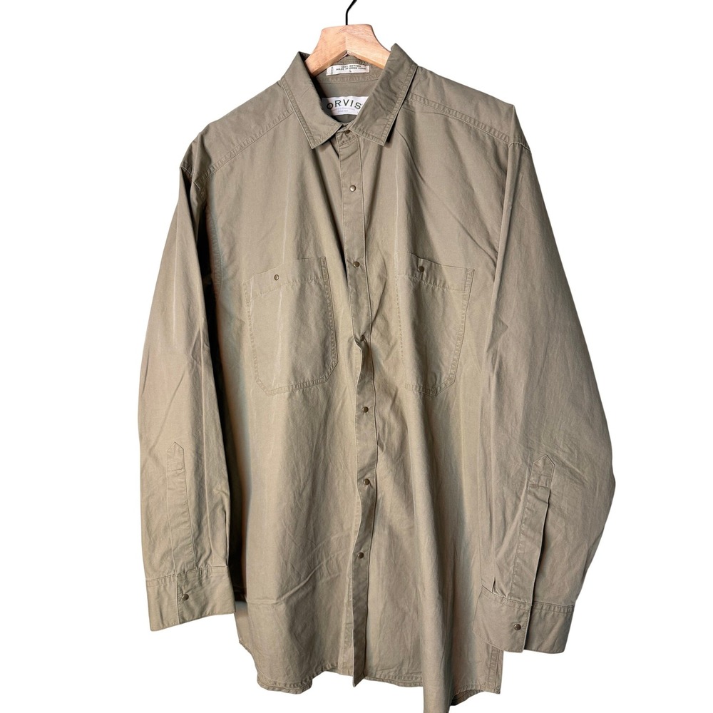 Orvis Mens Large Olive Drab Cotton Snap Front Utility Field Shirt‎ Long Sleeve